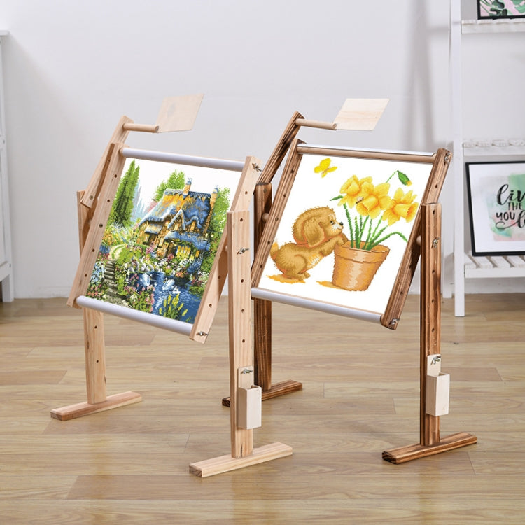 Adjustable pine cross-stitch stand with two held embroidery panels on rotating frames