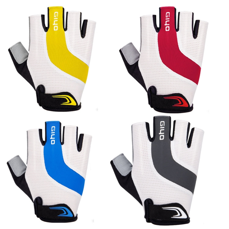 Set of half-finger cycling gloves with gel palm pads in yellow, red, blue, and black