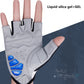 Gray bicycle half-finger gloves with blue gel palm pads and cushioned knuckle panels