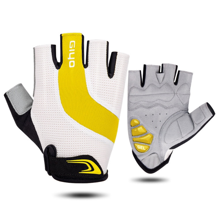 White and yellow half-finger cycling gloves with gel palm shock pads