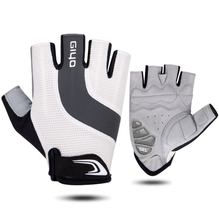 White half-finger cycling gloves with black accents and gel palm shock pads