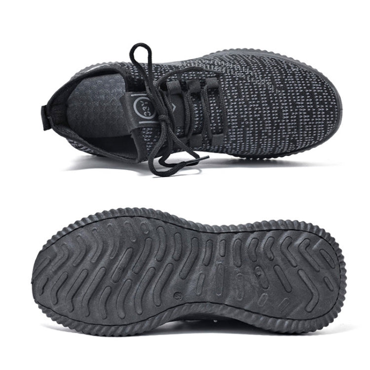 Black knit lace-up sneakers with textured tread outsole, side and heel view