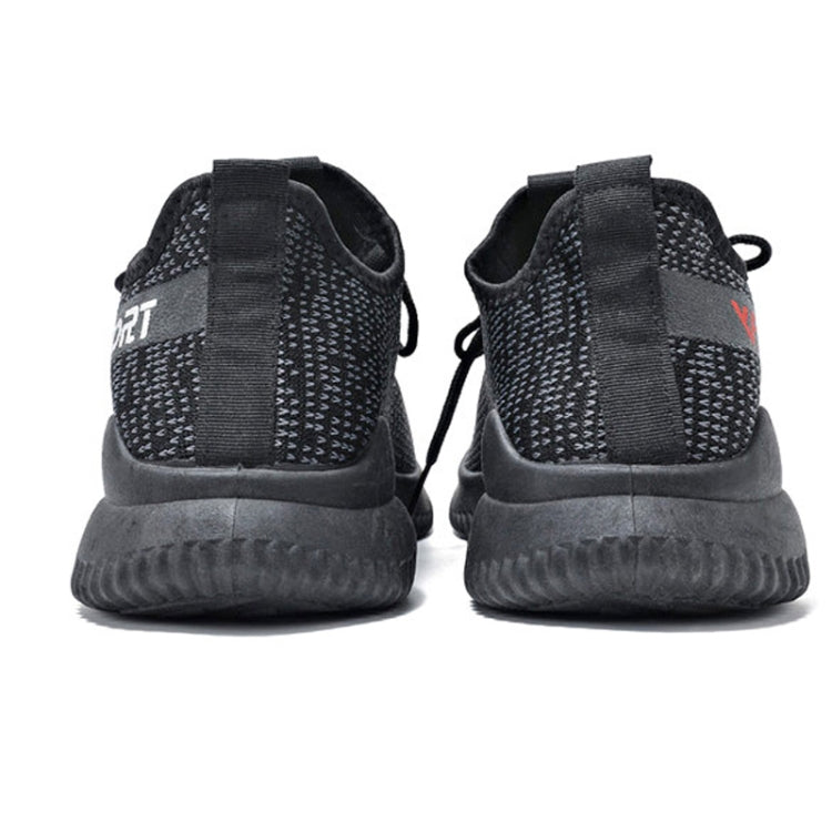 Black knit sneakers, back view with elastic collar and lace-up front