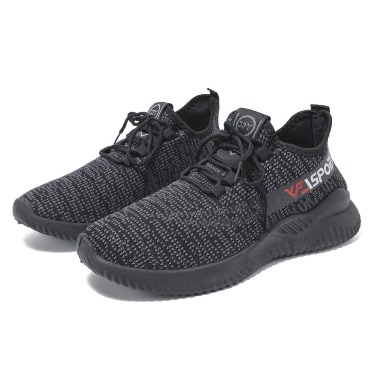 Black knit low-top sneakers, front view with VFSPORT side print