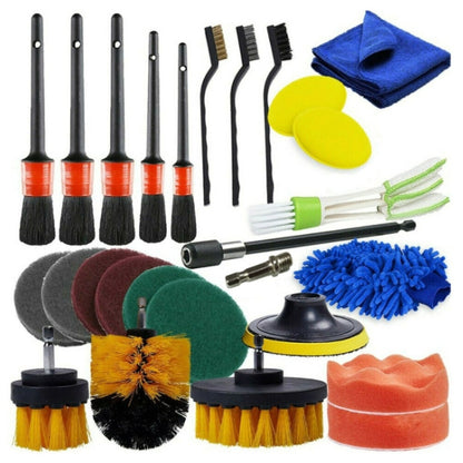 Car wash drill detail brush set with foam and bristle heads, blue cloth and polishing pads