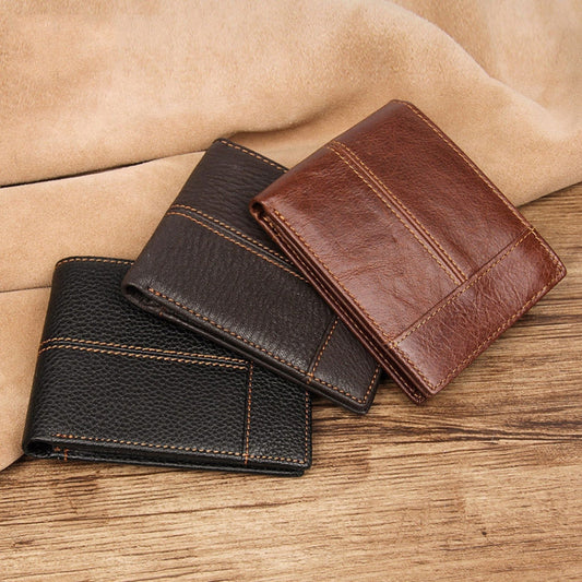 Men Retro Portable Wallet Short Cowhide Leather Wallet, Black, Coffee, Brown