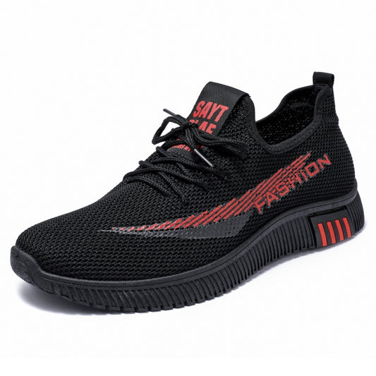 Men's black knit walking shoe, lace-up mesh upper with red side stripe and grippy sole