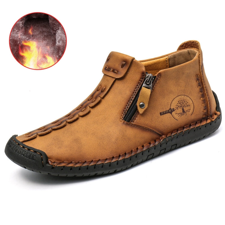 Men's casual ankle boots in tan with side zipper, buckle strap, and stitched moccasin design