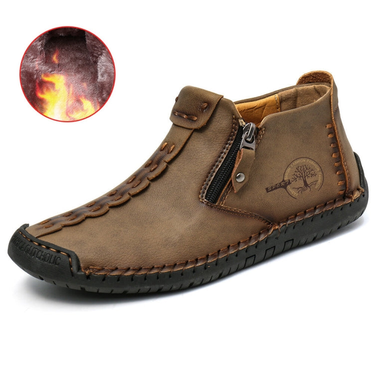 Men's casual ankle boots in dark brown with side zipper, buckle strap, and stitched trim