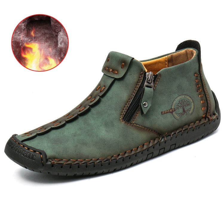 Men's casual ankle boots in green with side zipper, buckle strap, and decorative stitchwork