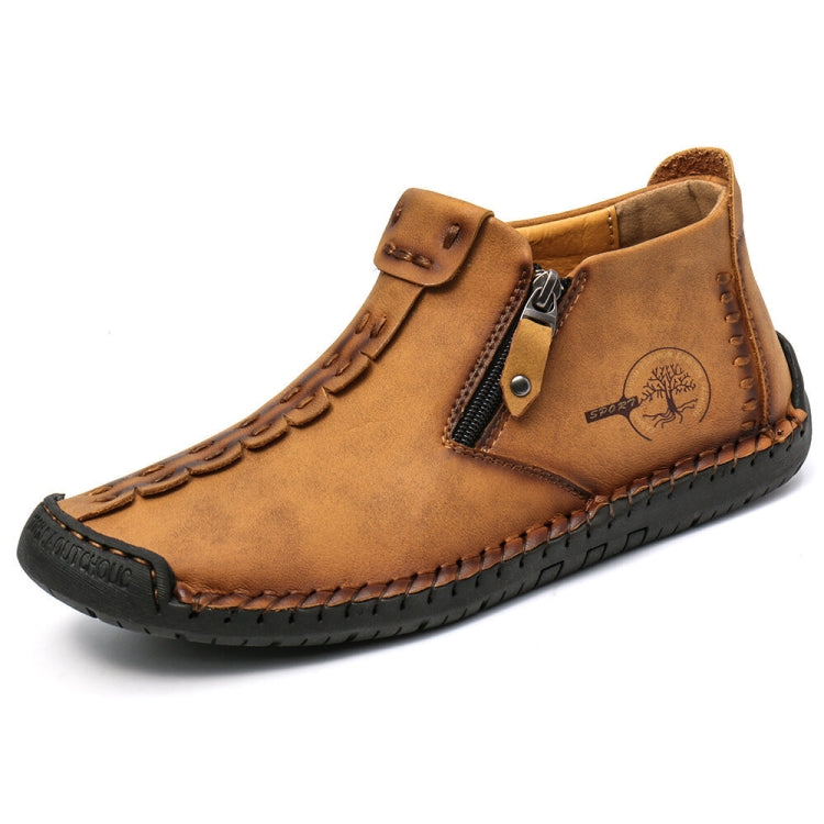 Men's martin boots, tan leather with side zipper, buckle strap, and seam stitching
