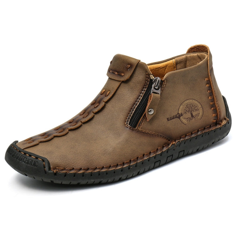 Men's martin boots, light brown leather with side zipper, buckle strap, and stitched trim