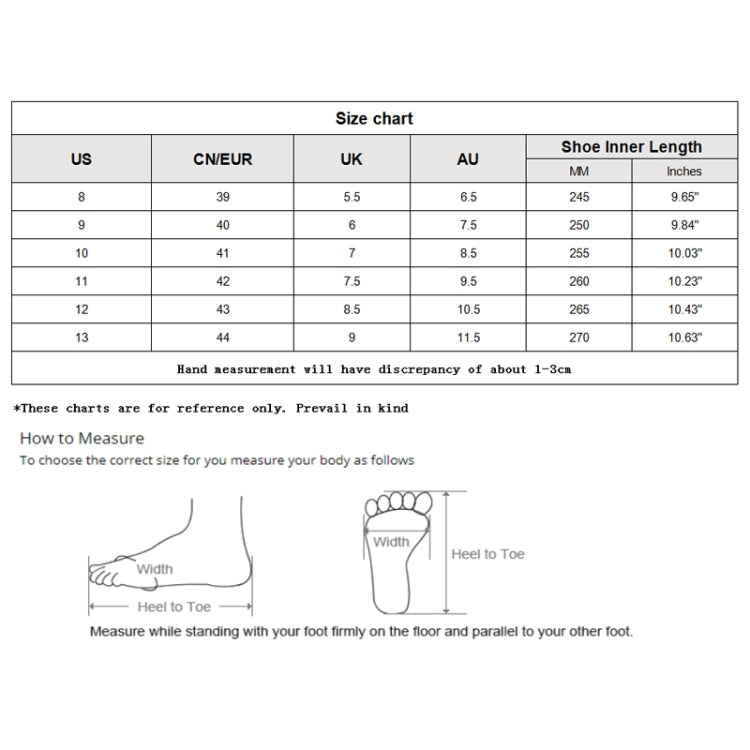 Men's shoe size chart with inner length measurements in inches and mm