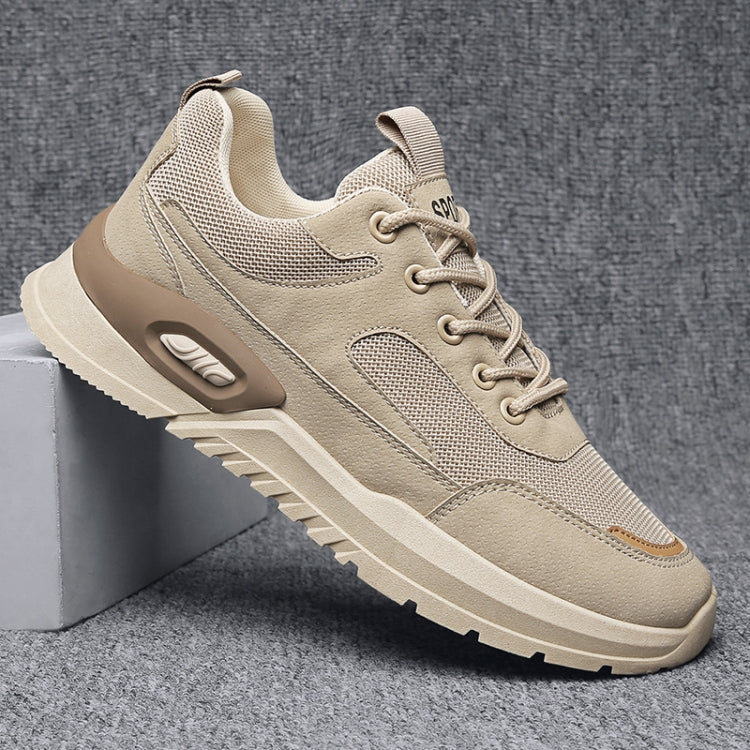 Men's height-increasing running shoe, khaki mesh upper, lace-up, chunky rubber outsole