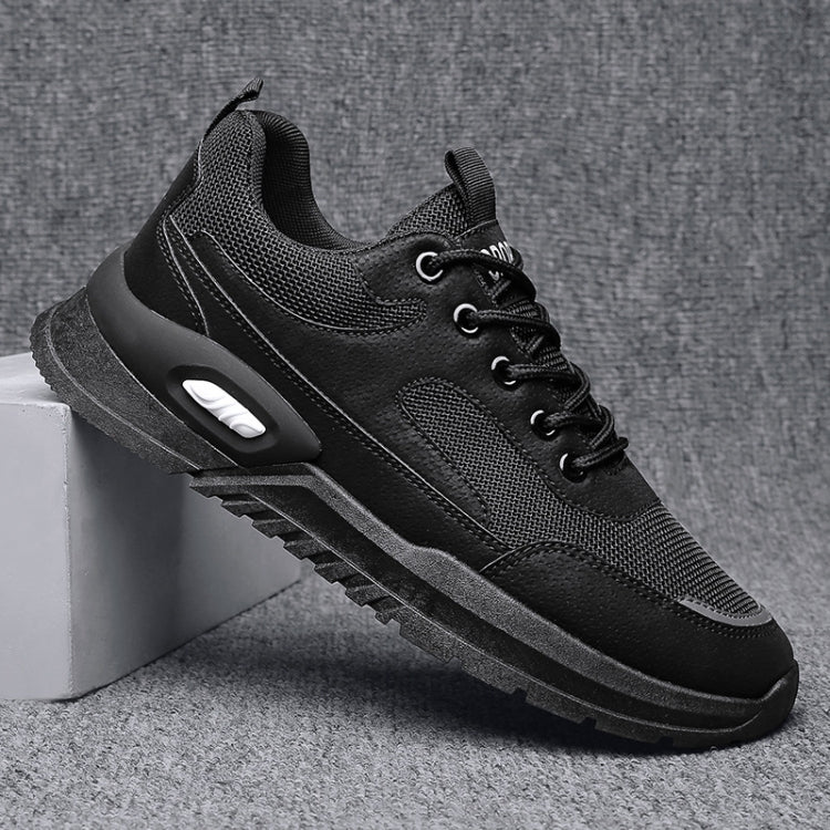 Black height-increasing running shoes with lace-up front, padded collar, and air-cushion panel
