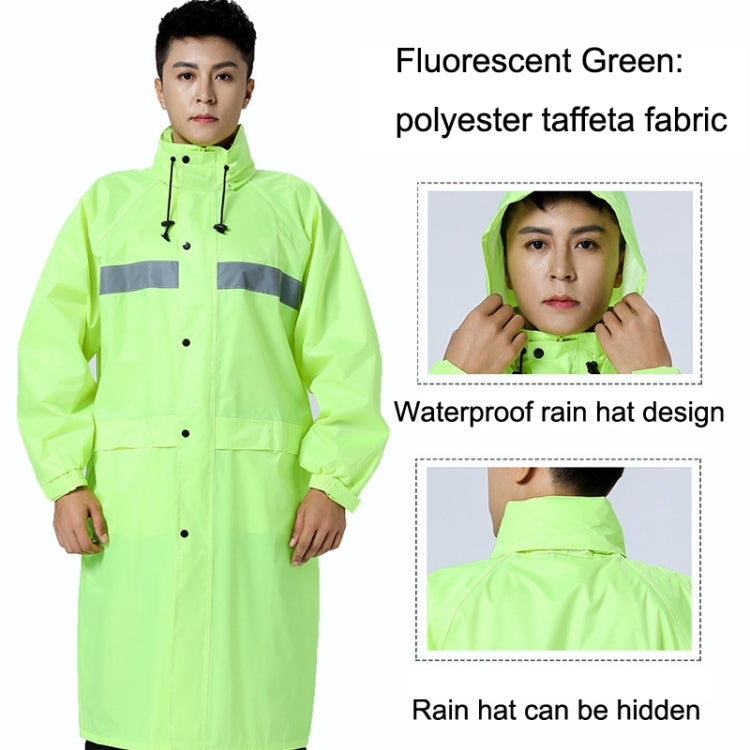 Fluorescent green hooded raincoat with reflective stripes and button front