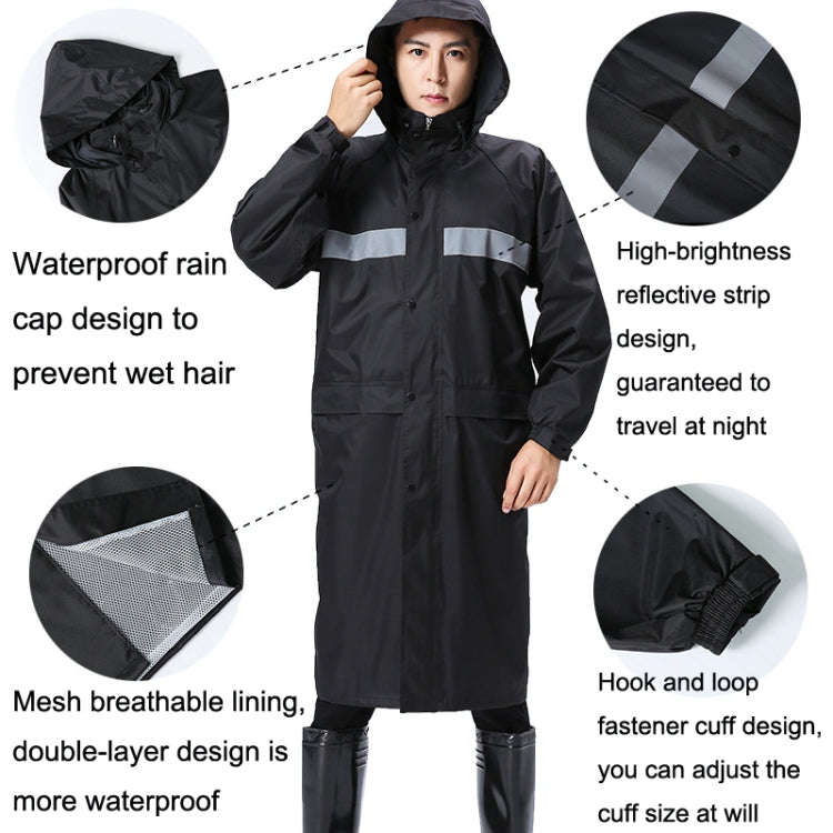 Black waterproof raincoat with hood, reflective panels, and hook-and-loop cuffs.