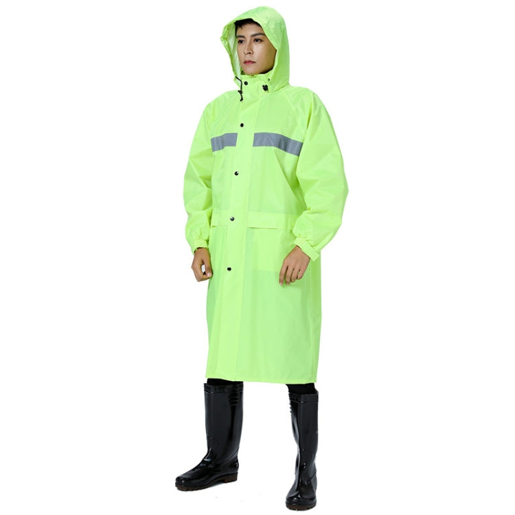 Fluorescent green hooded reflective raincoat, full-length front view
