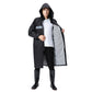 Black hooded raincoat with reflective stripe, long sleeves and front placket.