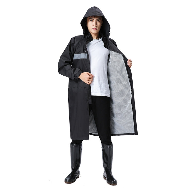 Black hooded raincoat with reflective stripe, long sleeves and front placket.