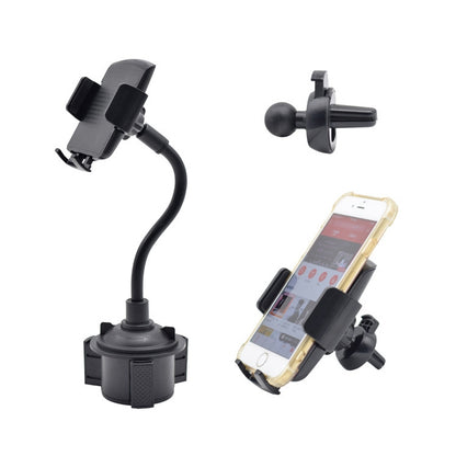 Car phone holder with long flexible hose and suction cup base clamp, black.