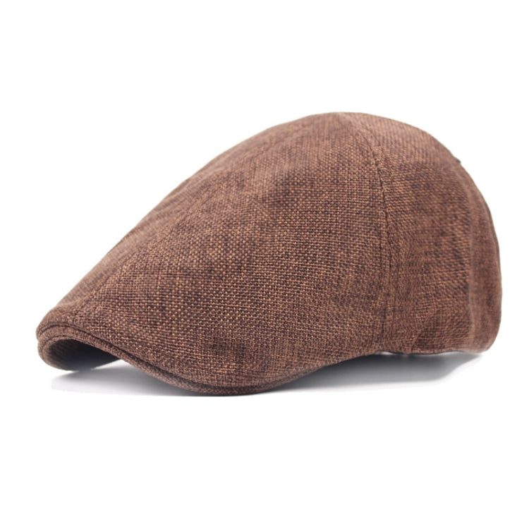 Medium brown burlap retro beret cap with curved crown and short brim