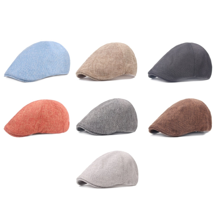 Assorted burlap retro beret caps in blue, tan, dark gray, orange, and brown