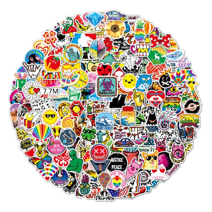 Colorful graffiti sticker sheet with many small die-cut icons, round border