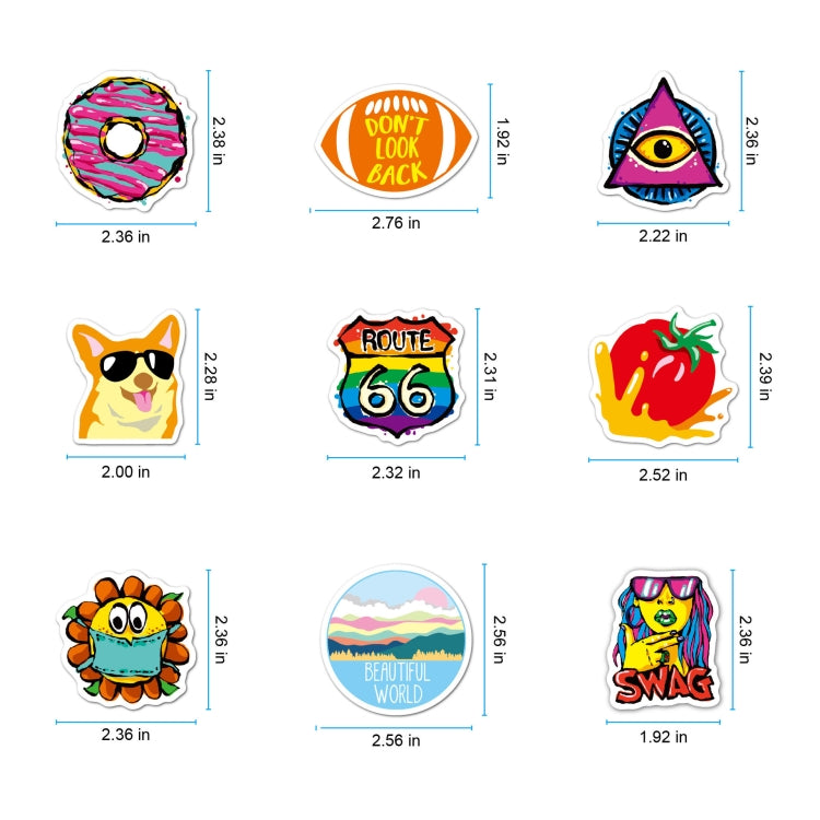 Graffiti sticker set with six illustrated die-cut designs and size labels