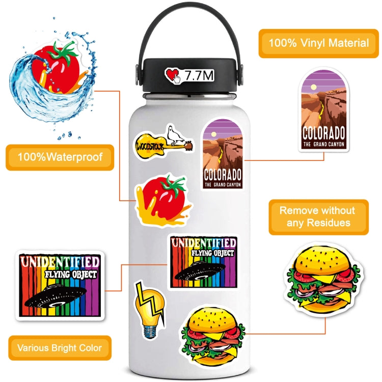 Vinyl graffiti sticker set with bold icons and heart logo, shown on bottle