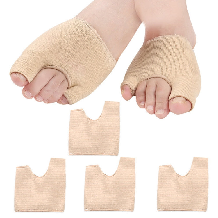 Beige U-shaped forefoot pad corrector socks, pair shown on feet and standalone pads