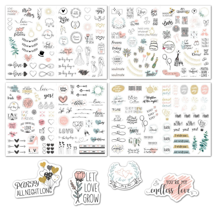 Wedding planning sticker pack with hearts, love quotes, rings, and couple silhouettes