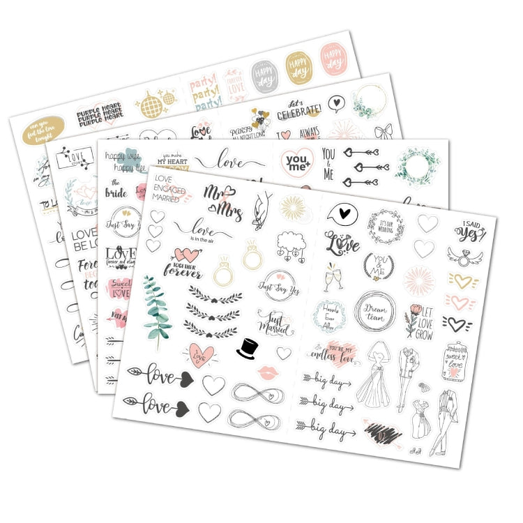 Wedding planning sticker pack with overlapping sheets of hearts, celebrations, and wedding icons