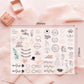 Wedding planning sticker sheet with hearts, rings, greenery leaves, and love phrases