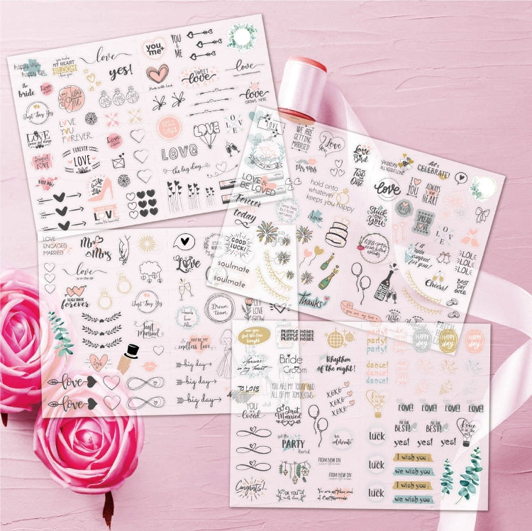 Wedding planning sticker pack with multiple sheets showing hearts, greenery, and love phrases