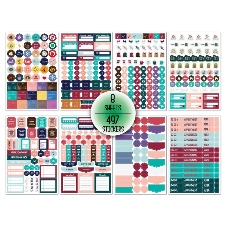 Planner sticker set with 8 sheets and 497 colorful stickers for appointments and bills