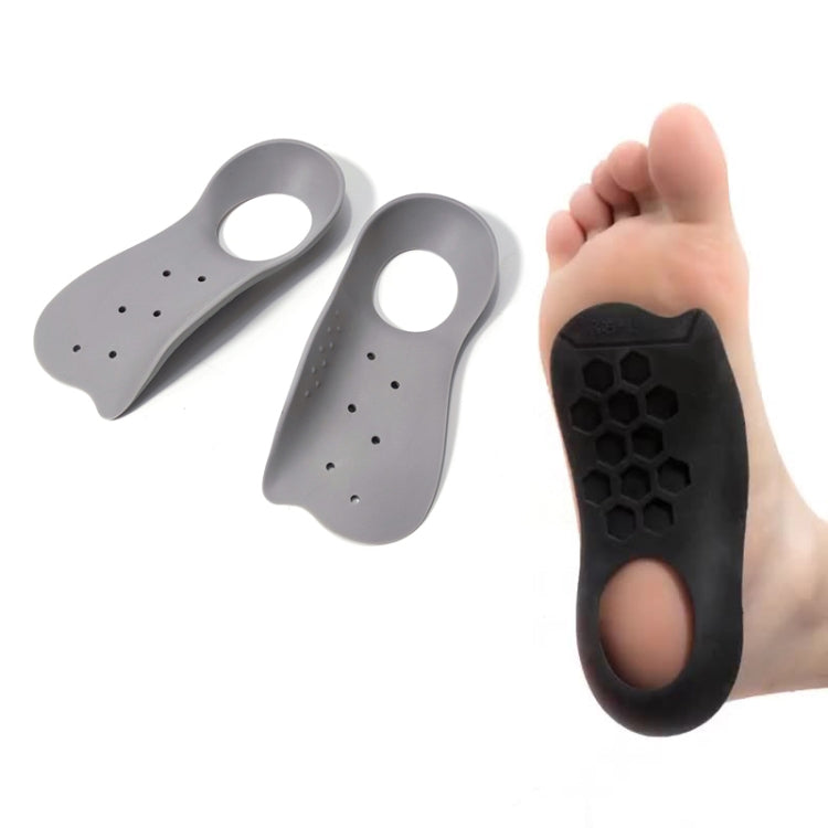 Grey bow-support insole pair with perforations and heel cup opening