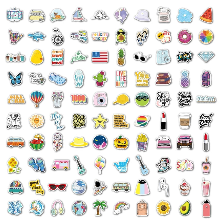Small assorted stickers with icons like rainbows, plants, animals, and symbols