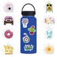 Sticker set size chart with pink camera, jeep, cactus, donut, and bottle 'Cool' design
