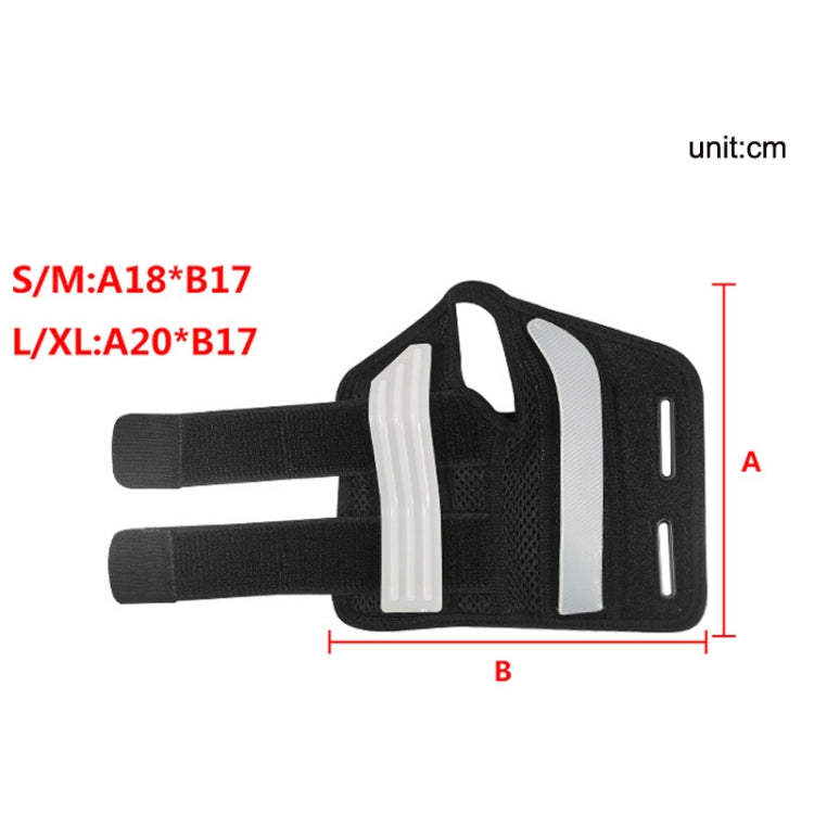 Black wrist guard with rigid palm plate, mesh backing, and two strap loops