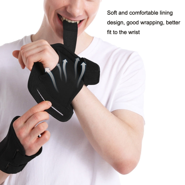 Black adjustable wrist guard with soft lining, wrap straps, and thumb support