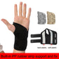 Black wrist brace on hand with built-in support strips and two wrap straps