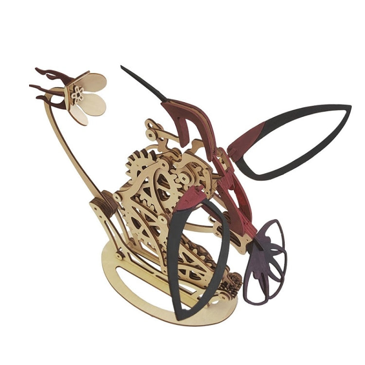 3D wooden mechanical hummingbird puzzle on standing base, red and tan parts