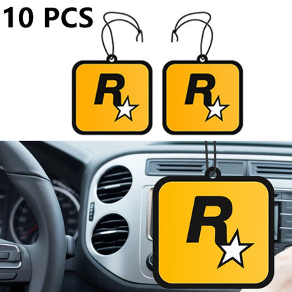 Orange car fragrance pendant with R star logo, two hanging tags