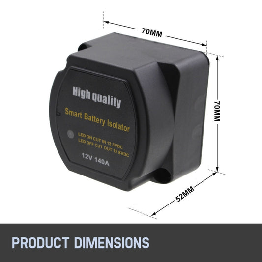 Smart battery isolator relay with size measurements and black housing