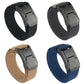 Woven quick-buckle belt in black, blue, and tan color options, shown together