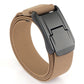 Beige woven stretch belt with quick-release buckle and dark gray metal clasp
