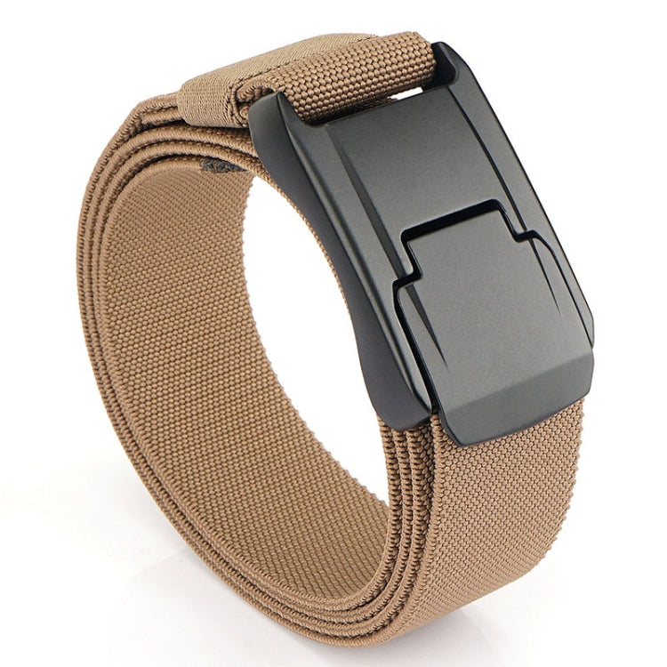 Beige woven stretch belt with quick-release buckle and dark gray metal clasp