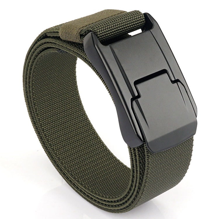 Army green woven stretch belt with quick-release buckle and dark metal clasp