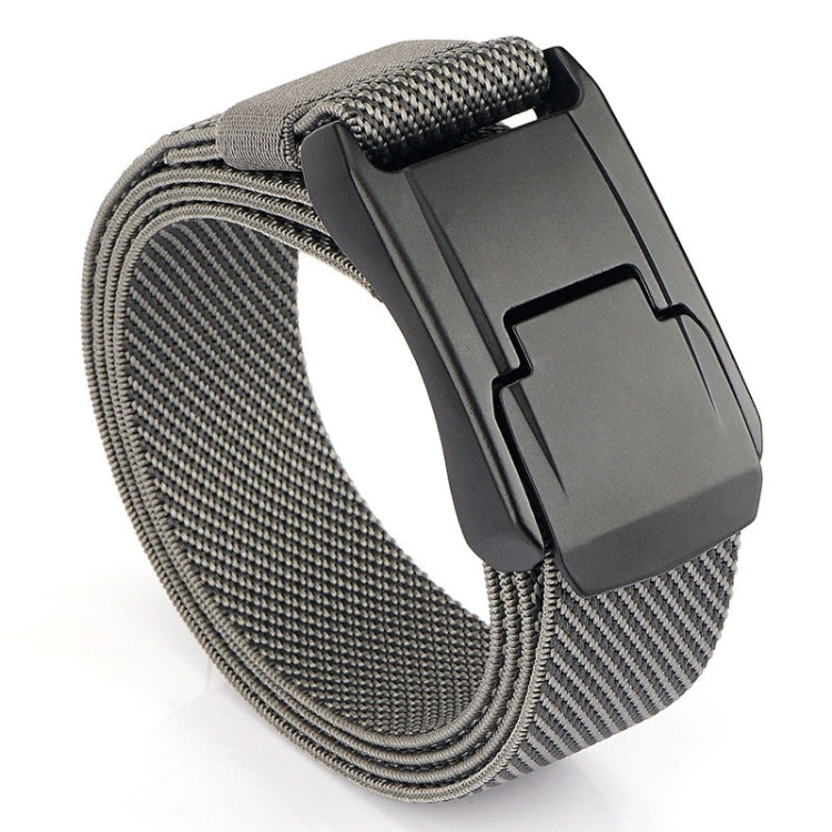 Light gray woven stretch belt with quick-release buckle and dark metal clasp